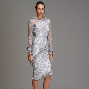 Asymmetrical Ruffle Lace Knee Length Dress